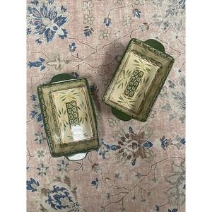 Temp-tations Old World Green Floral 1.5 QT Loaf Pan Set of 2 Ceramic Stoneware